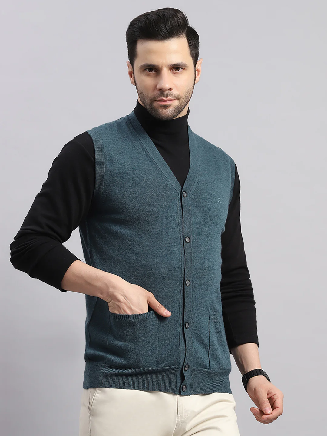 Luxuria Men Teal Blue Solid V Neck Sleeveless Cardigan - Image 4