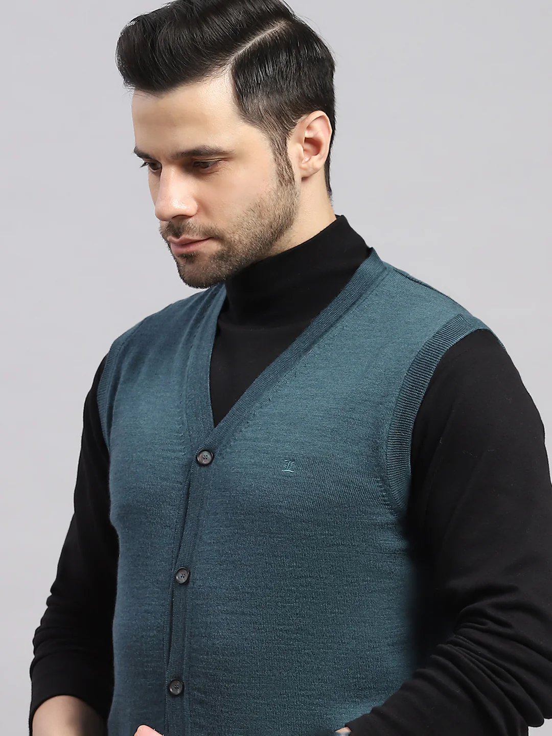 Luxuria Men Teal Blue Solid V Neck Sleeveless Cardigan - Image 6