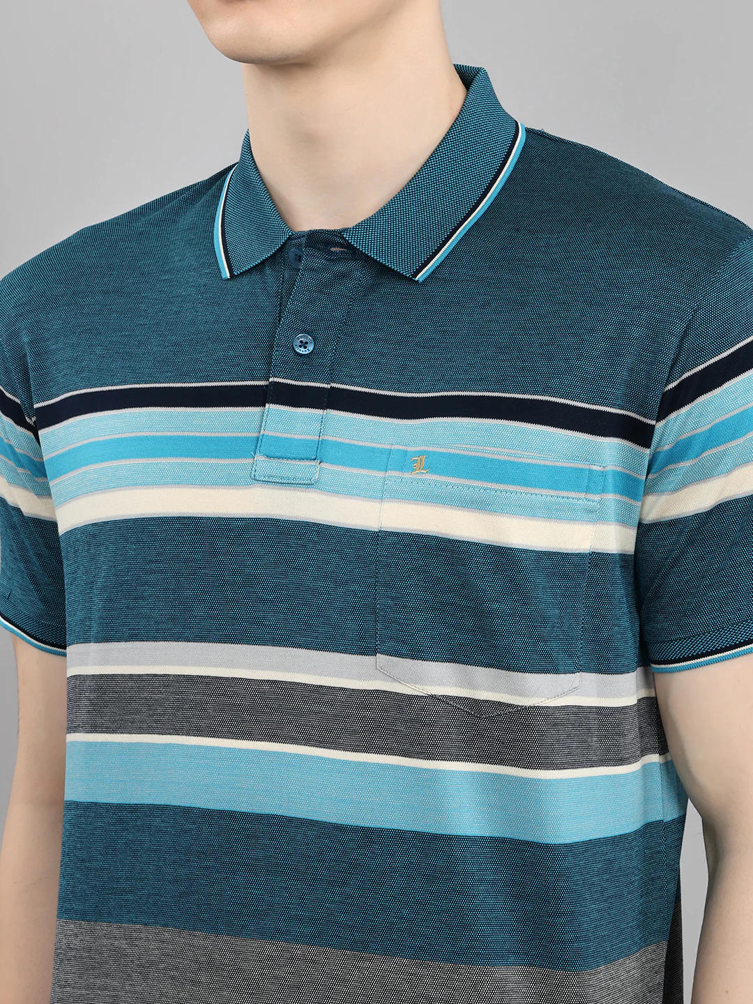 Luxuria Men Teal Blue Stripe Collar Half Sleeve T-Shirt - Image 5