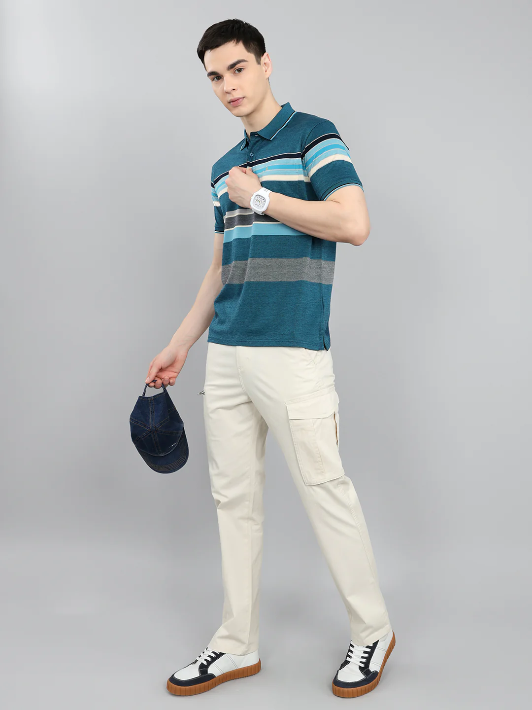 Luxuria Men Teal Blue Stripe Collar Half Sleeve T-Shirt - Image 6