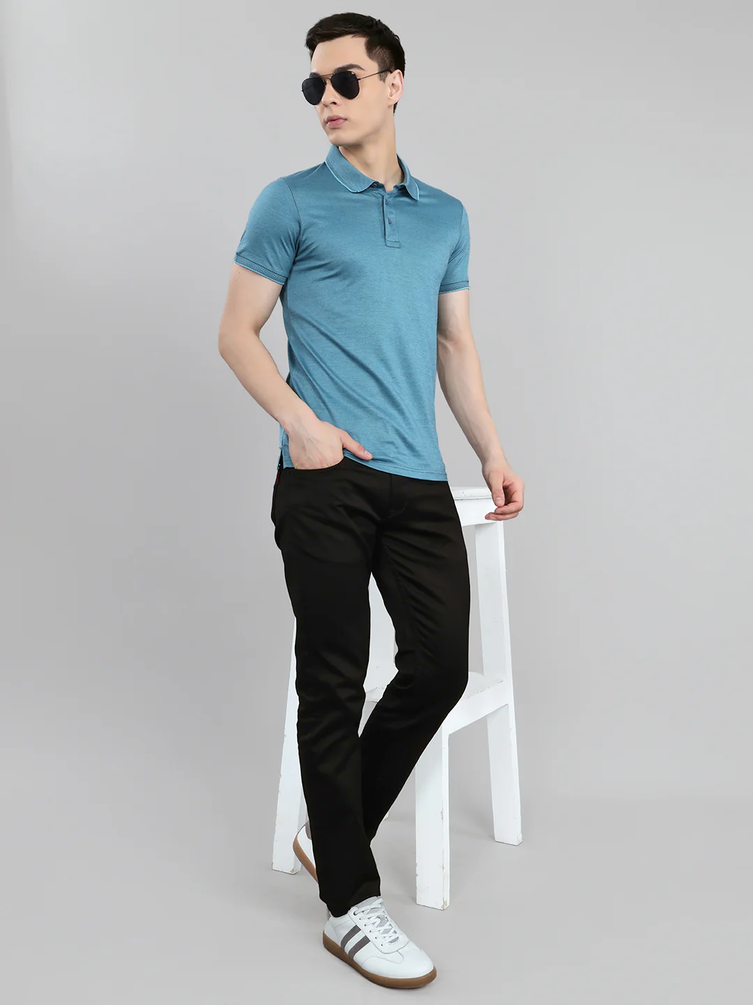 Luxuria Men Turquoise Blue Solid Collar Half Sleeve T-Shirt - Image 6