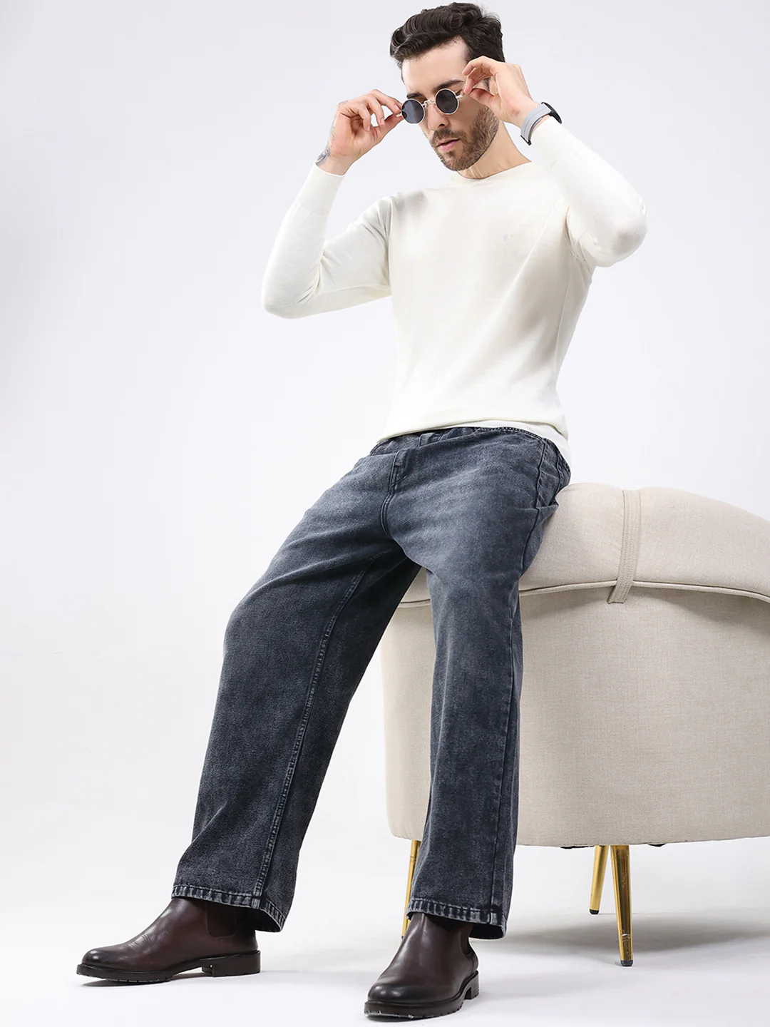 Luxuria Men White Solid Round Neck Full Sleeve Pullover - Image 2