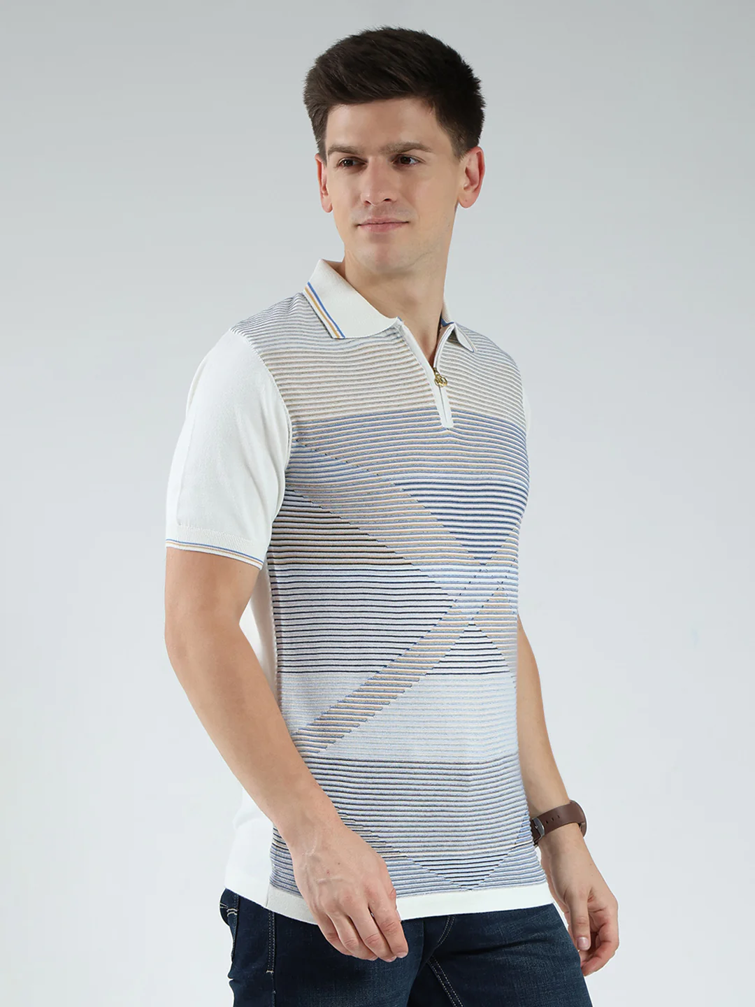 Luxuria Men White Stripe Collar Half Sleeve T-Shirt - Image 4
