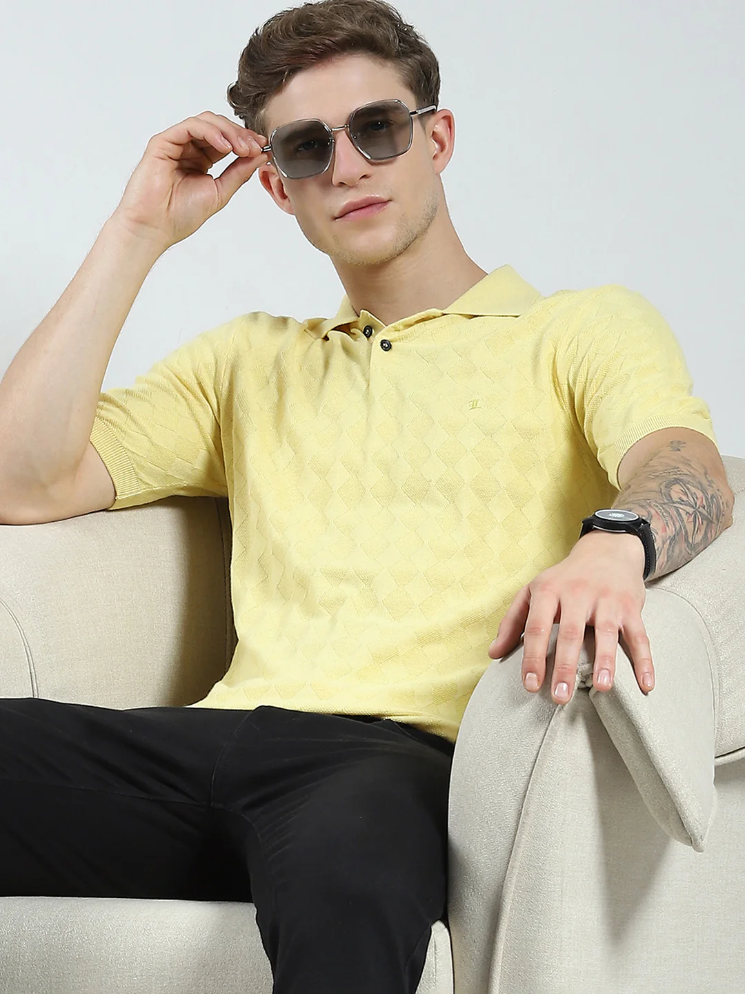 Luxuria Men Yellow Self Design Collar Half Sleeve T-Shirt - Image 6