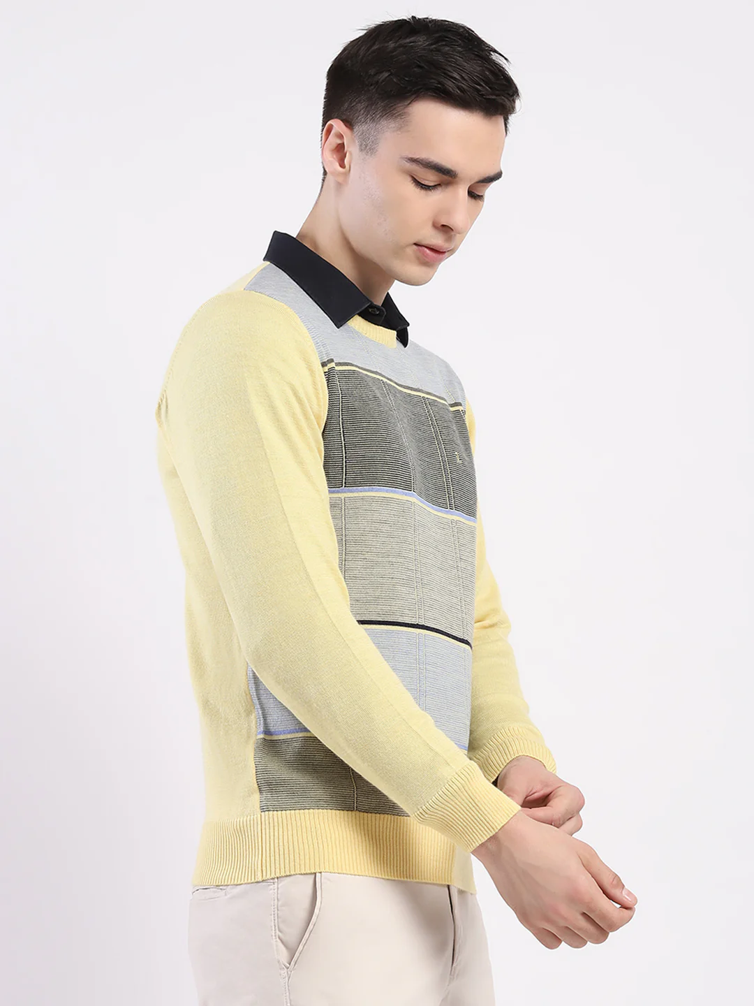 Luxuria Men Yellow Self Design Round Neck Full Sleeve Pullover - Image 4
