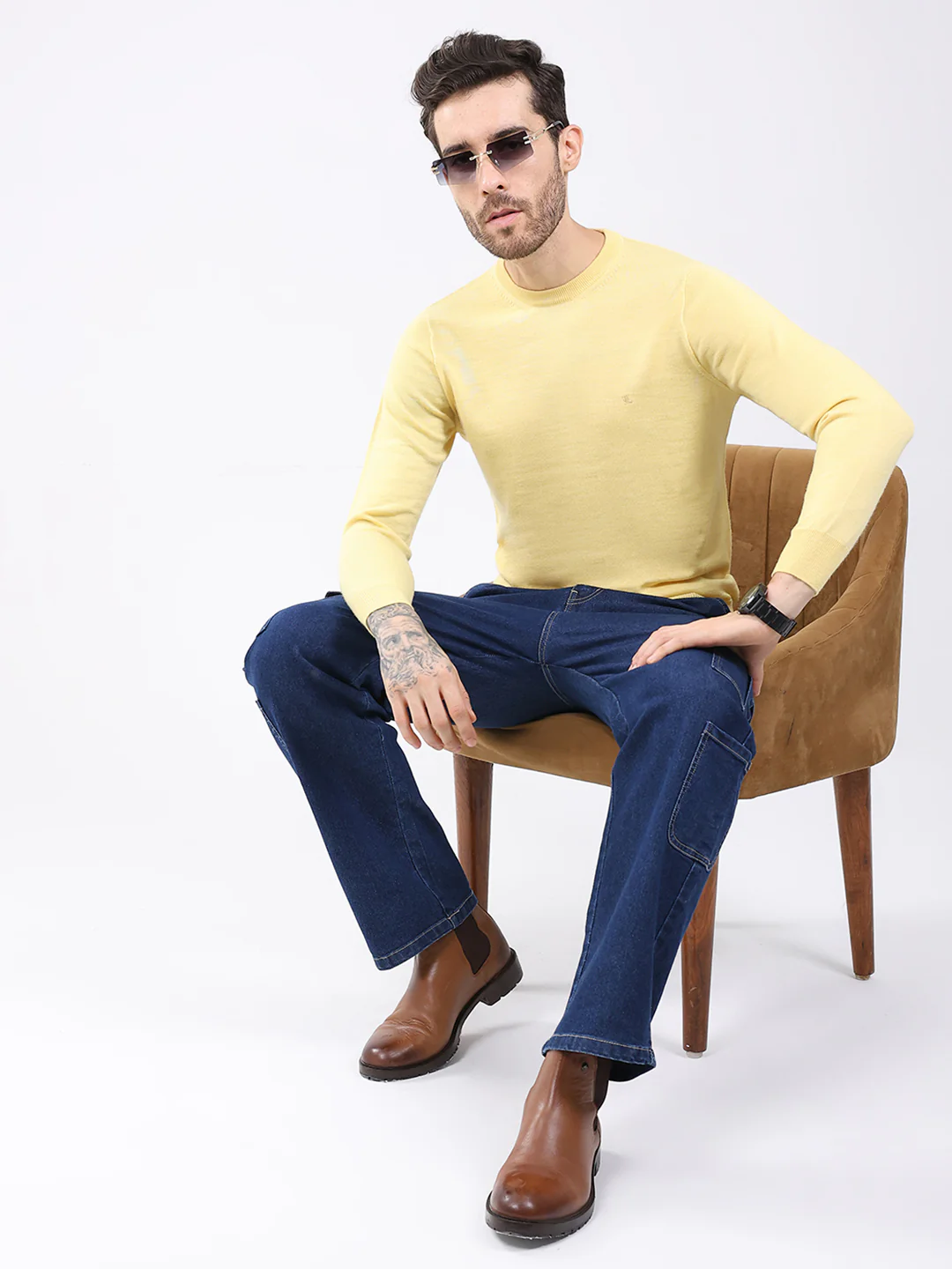 Luxuria Men Yellow Solid Round Neck Full Sleeve Pullover - Image 2