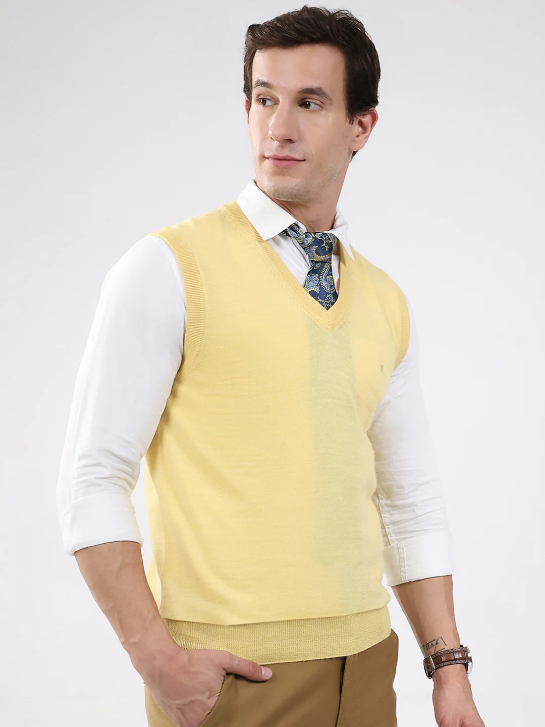 Luxuria Men Yellow Solid V Neck Sleeveless Sweater - Image 4