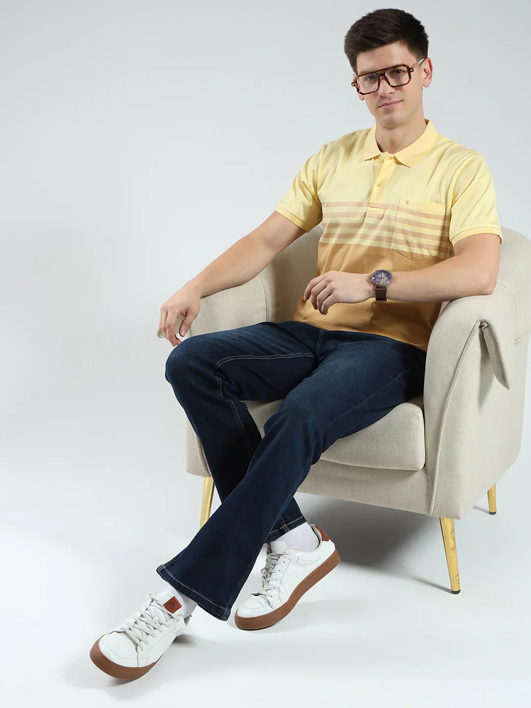 Luxuria Men Yellow Stripe Collar Half Sleeve T-Shirt - Image 2