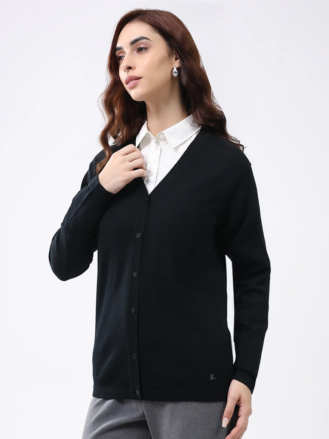 Luxuria Women Black Solid V Neck Full Sleeve Cardigan - Image 3