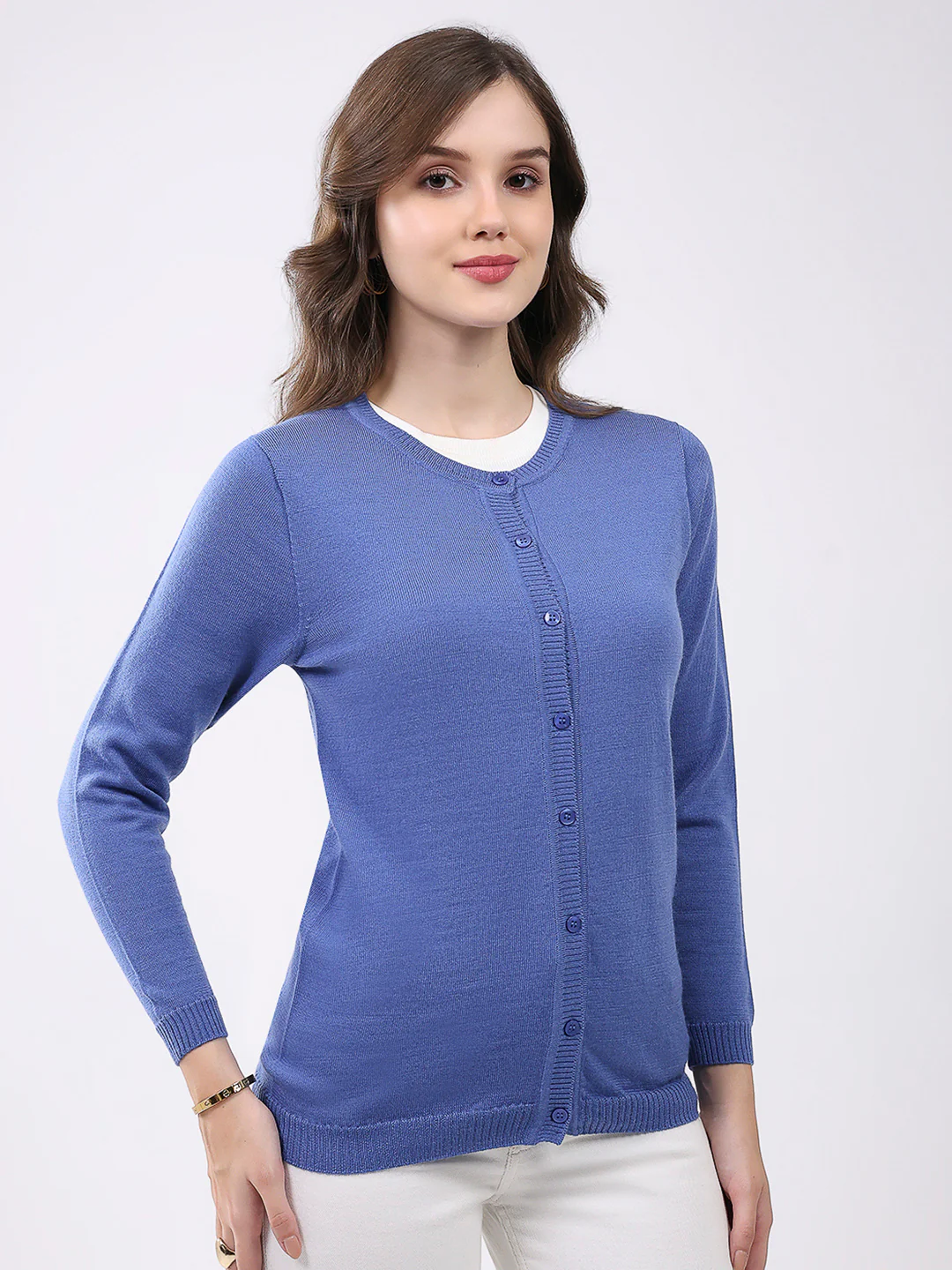 Luxuria Women Blue Solid Round Neck Full Sleeve Cardigan - Image 4