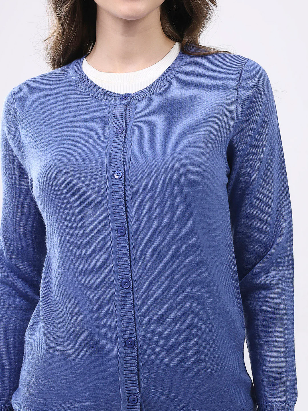Luxuria Women Blue Solid Round Neck Full Sleeve Cardigan - Image 6