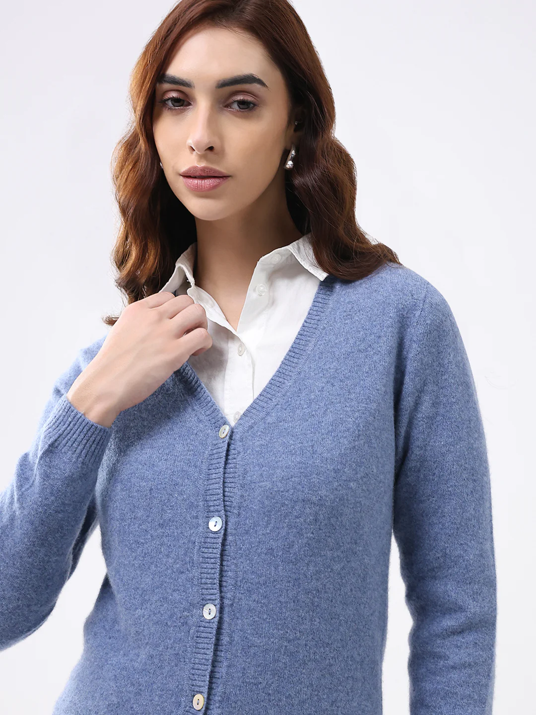 Luxuria Women Blue Solid V Neck Full Sleeve Cardigan - Image 7