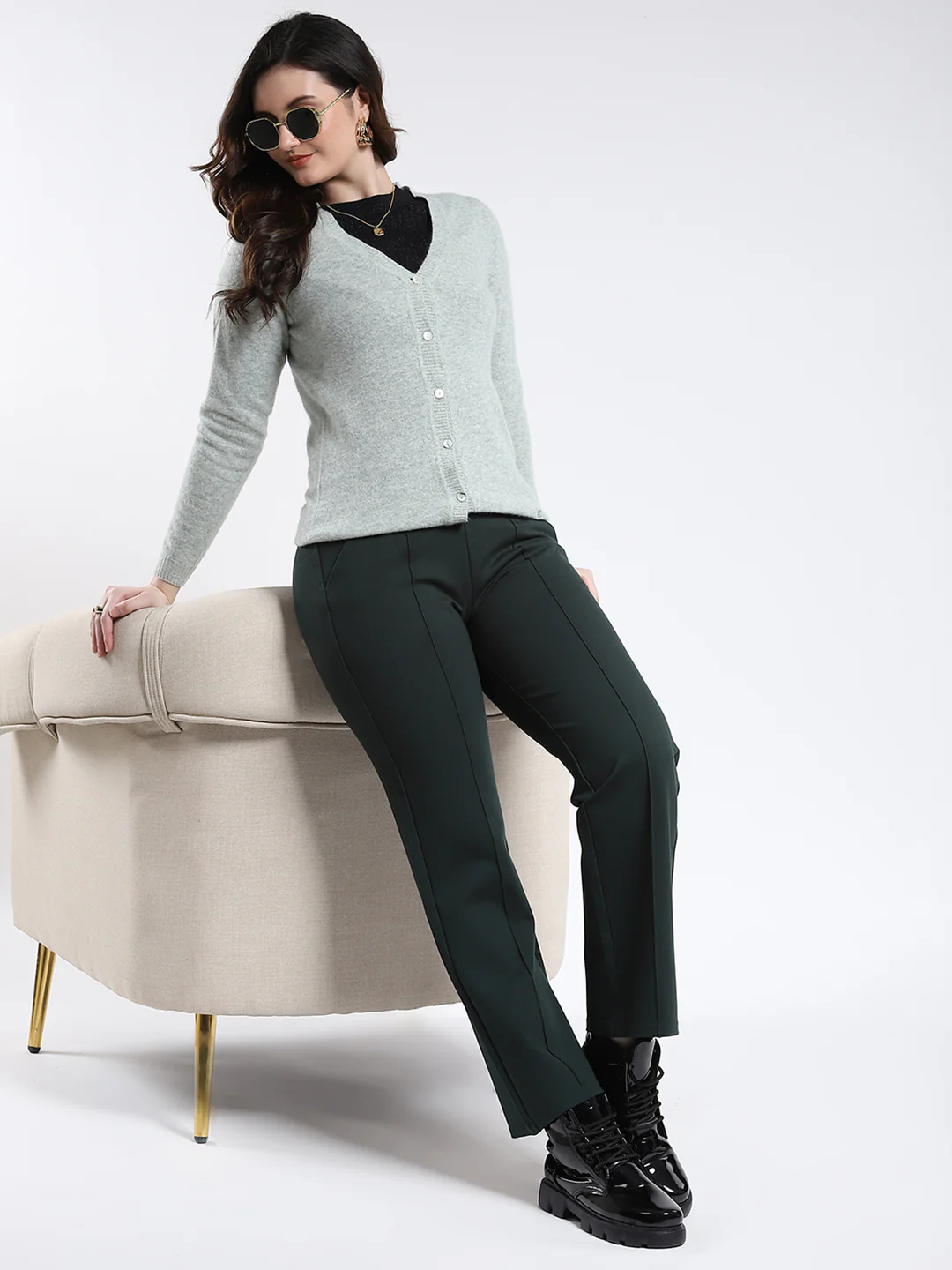Luxuria Women Grey Solid V Neck Full Sleeve Cardigan - Image 2