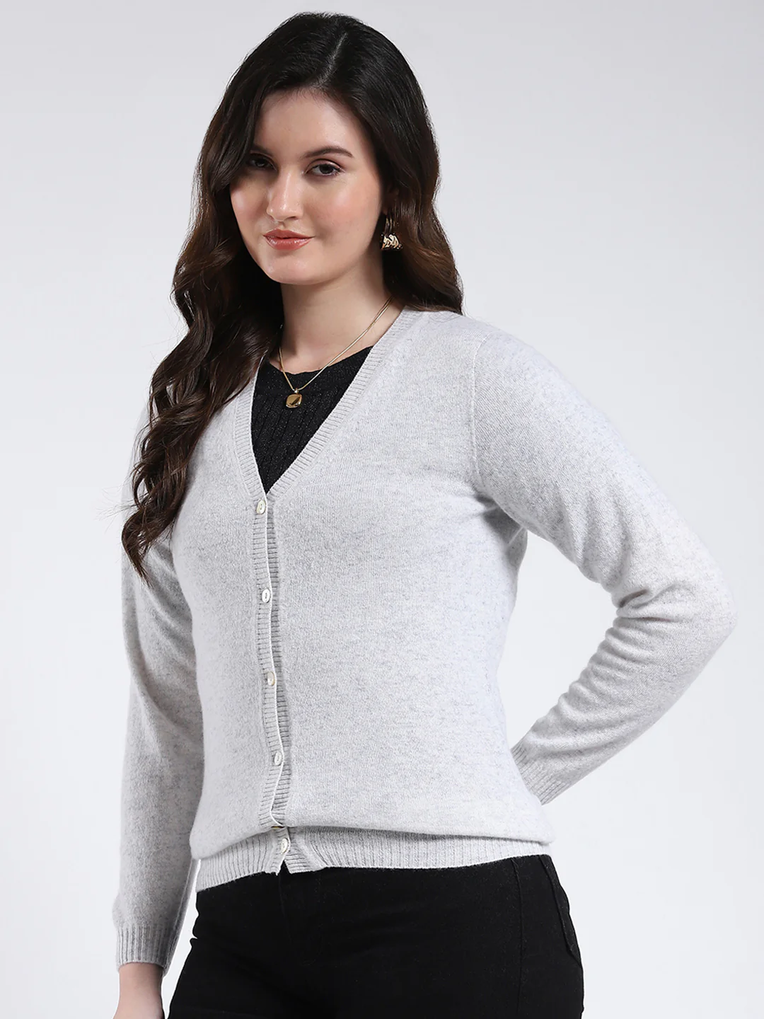Luxuria Women Light Grey Solid V Neck Full Sleeve Cardigan - Image 3