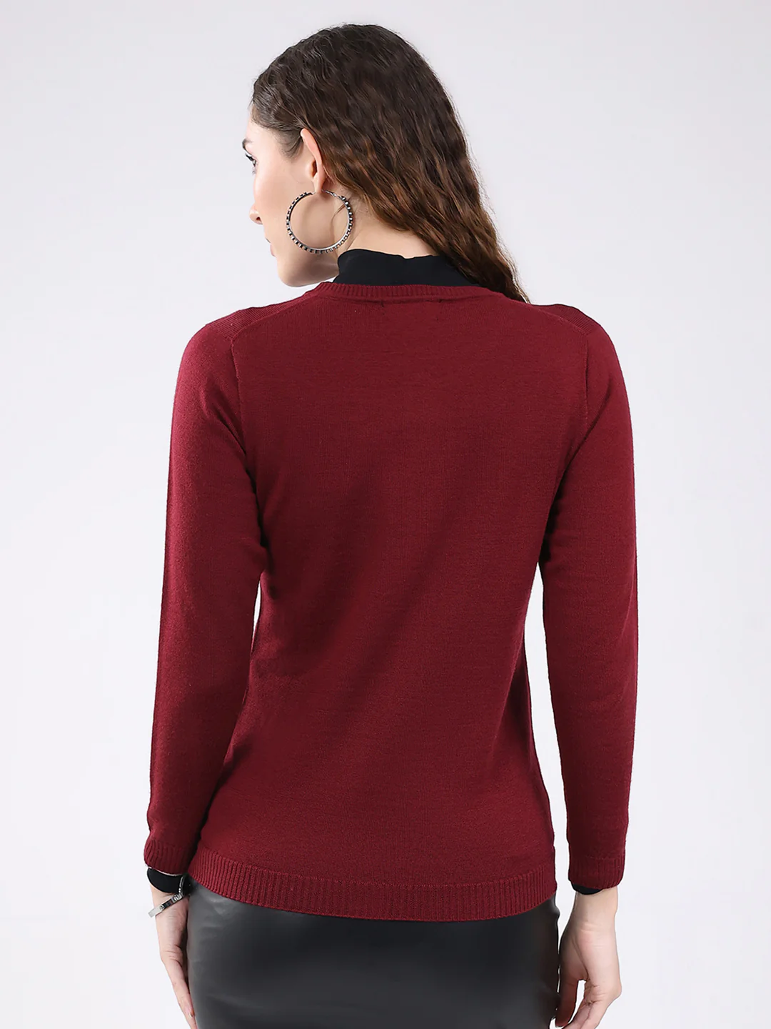 Luxuria Women Maroon Solid Round Neck Full Sleeve Cardigan - Image 5