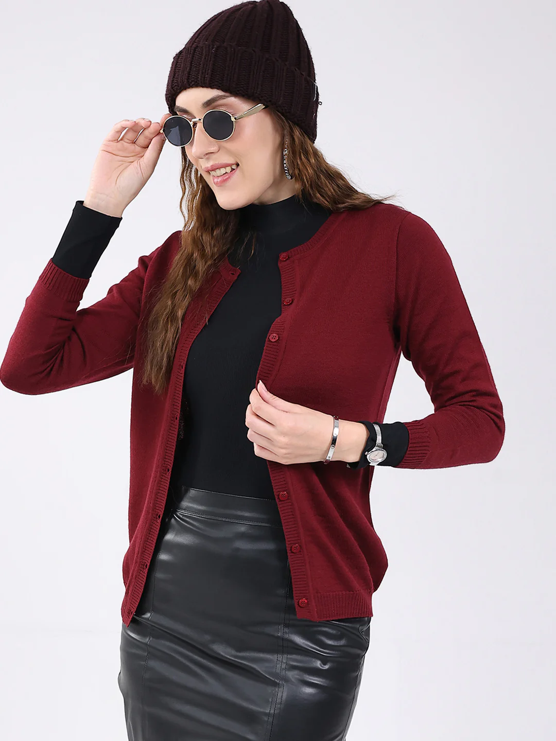 Luxuria Women Maroon Solid Round Neck Full Sleeve Cardigan - Image 6