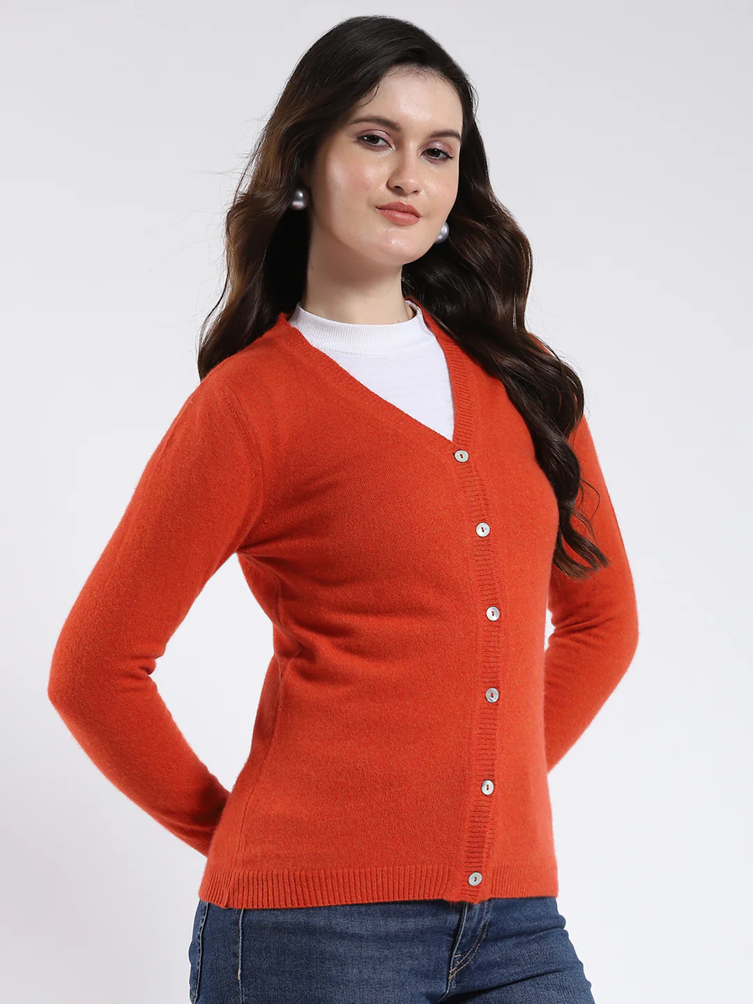 Luxuria Women Orange Solid V Neck Full Sleeve Cardigan - Image 4
