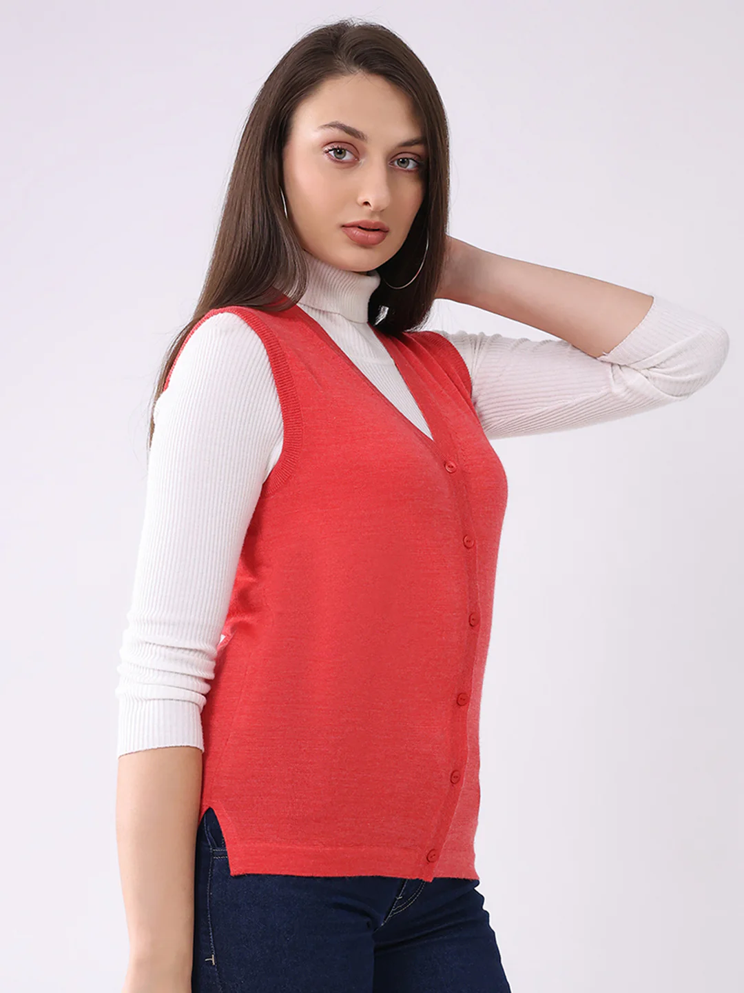 Luxuria Women Pink Solid V Neck Sleeveless Cardigan - Image 4