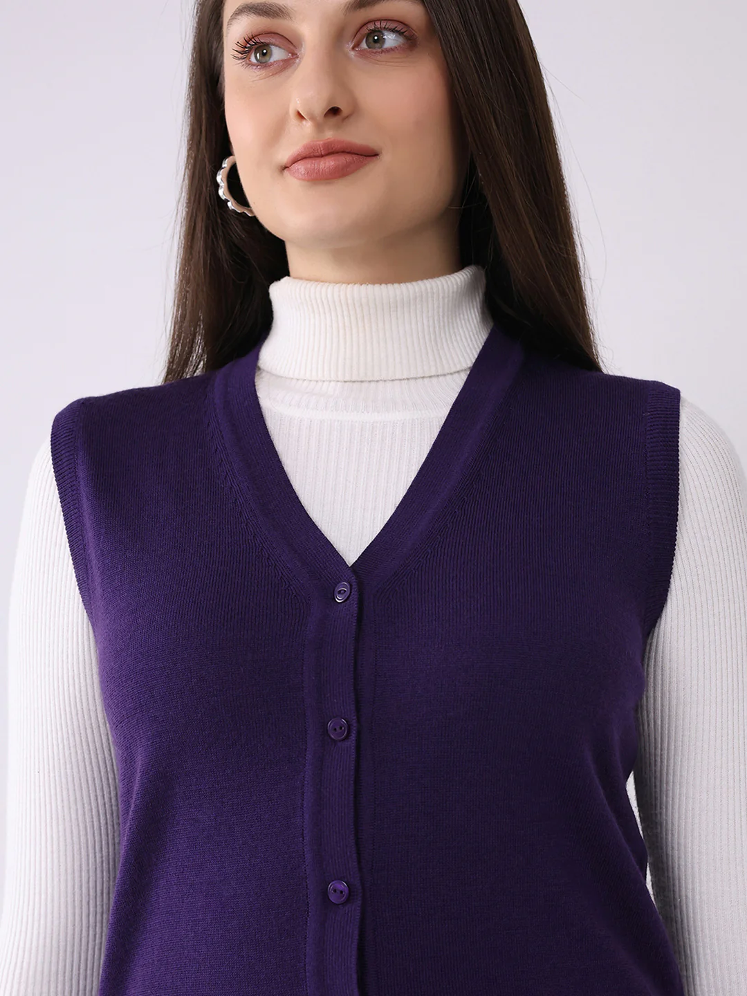 Luxuria Women Purple Solid V Neck Sleeveless Cardigan - Image 7