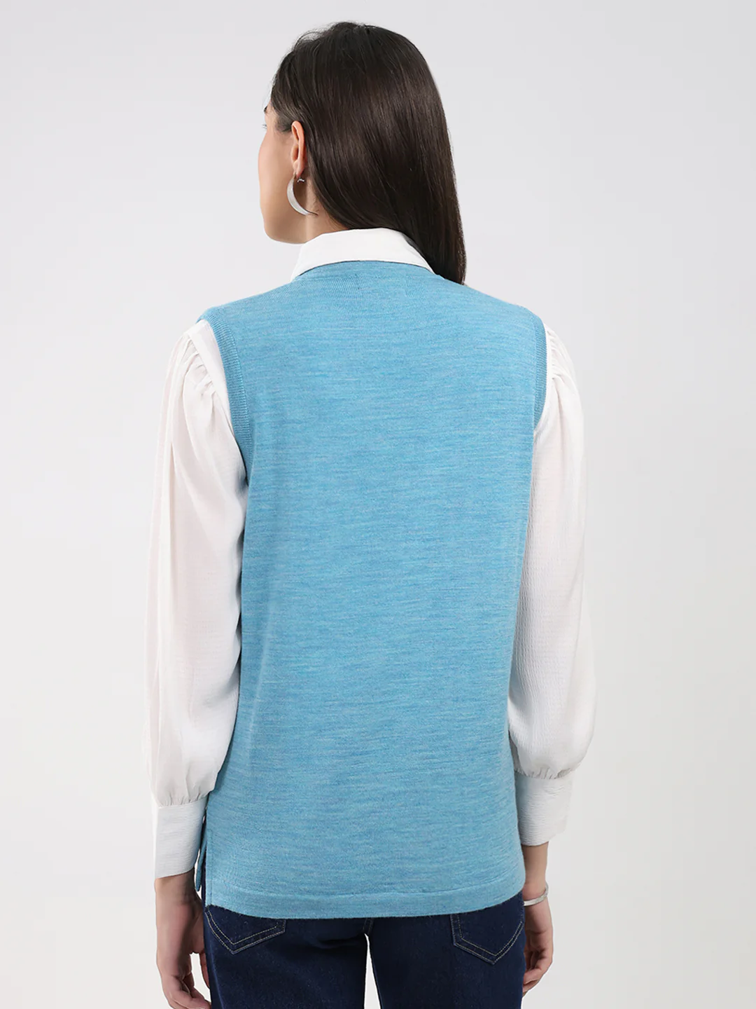 Luxuria Women Turquoise Blue Solid V Neck Sleeveless Cardigan - Image 5