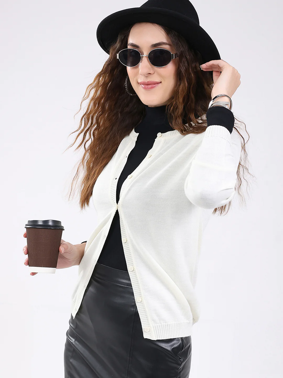 Luxuria Women White Solid Round Neck Full Sleeve Cardigan - Image 6