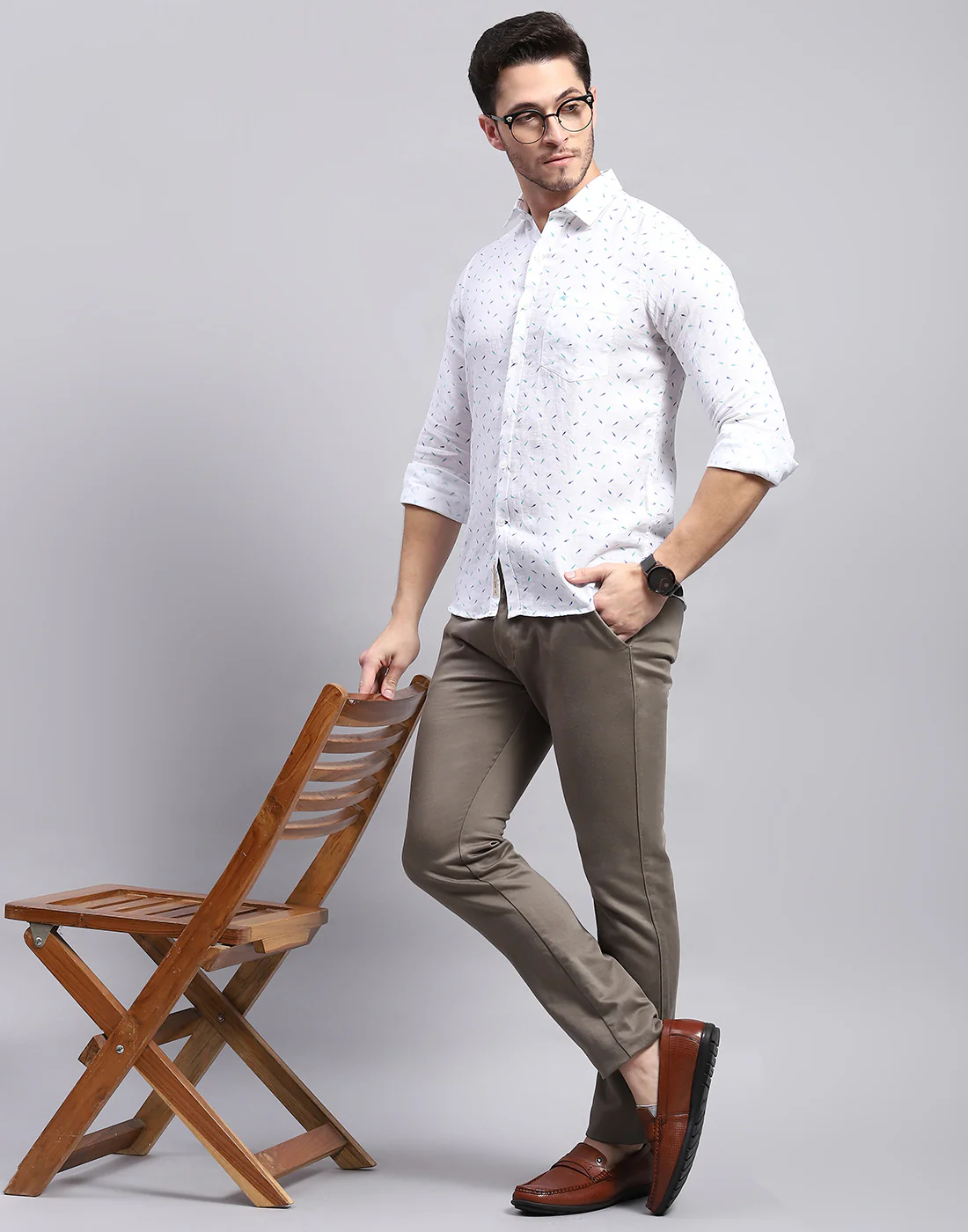 Men Aqua Blue Printed Collar Full Sleeve Linen Shirt - Image 2