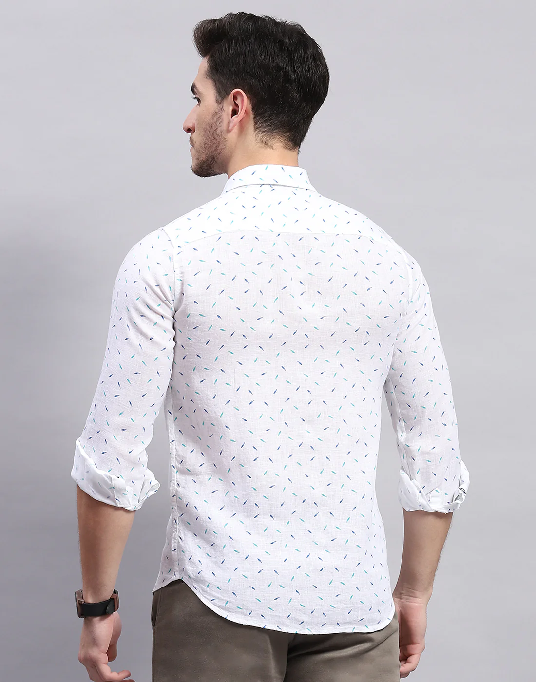 Men Aqua Blue Printed Collar Full Sleeve Linen Shirt - Image 5