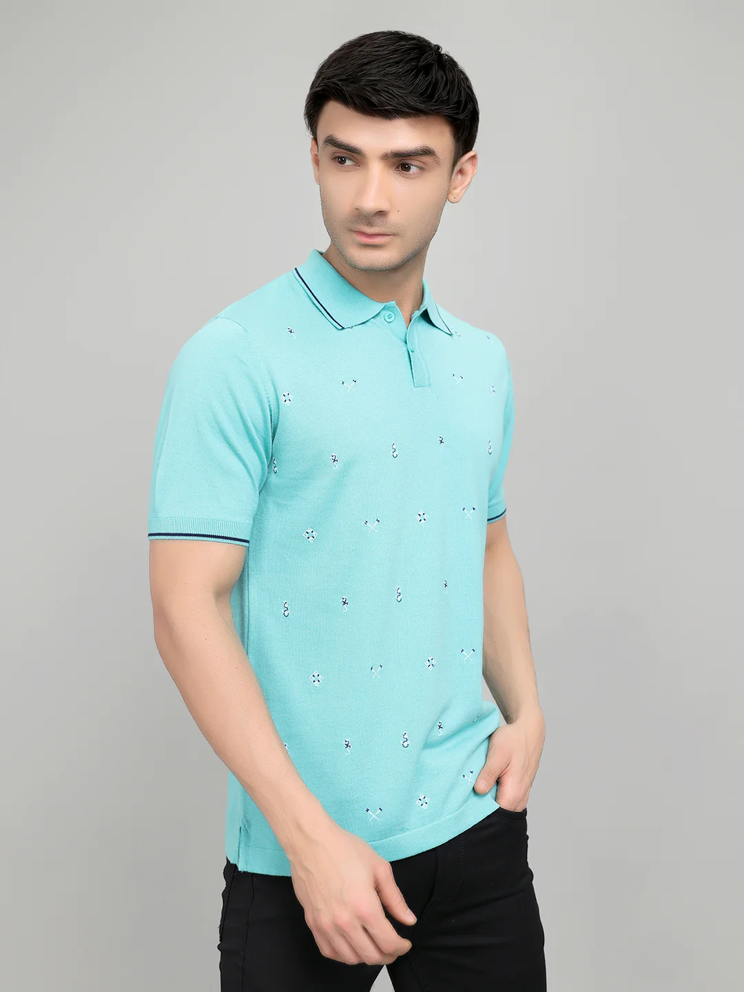 Men Aqua Blue Solid Collar Half Sleeve T-Shirt - Image 3