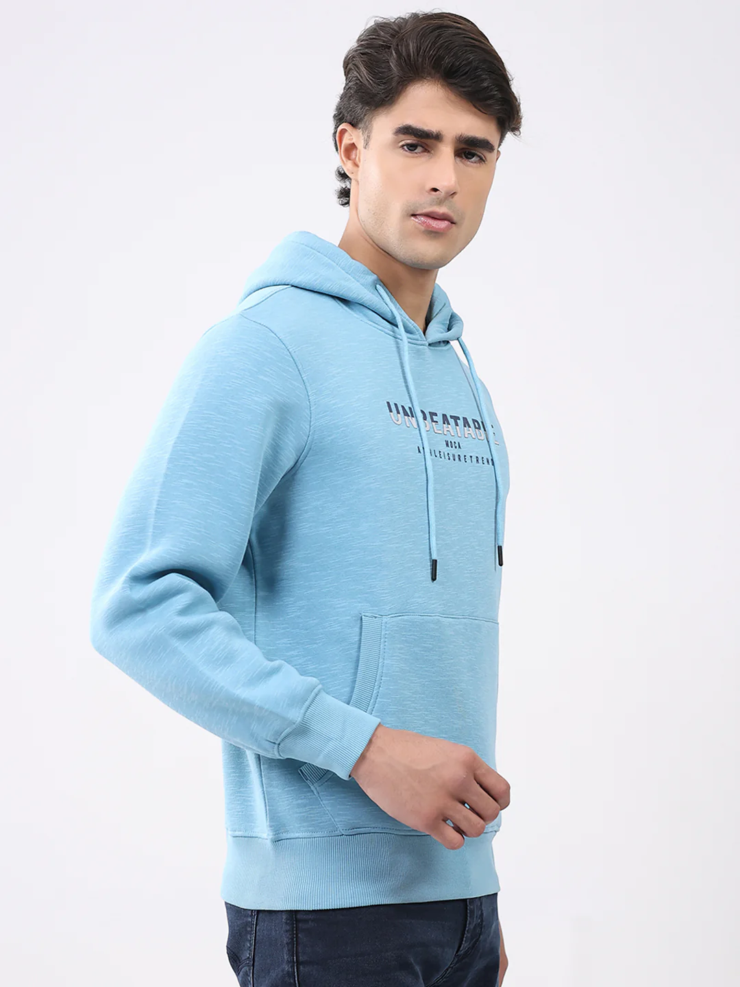 Men Aqua Blue Solid Hooded Full Sleeve Sweatshirt - Image 4