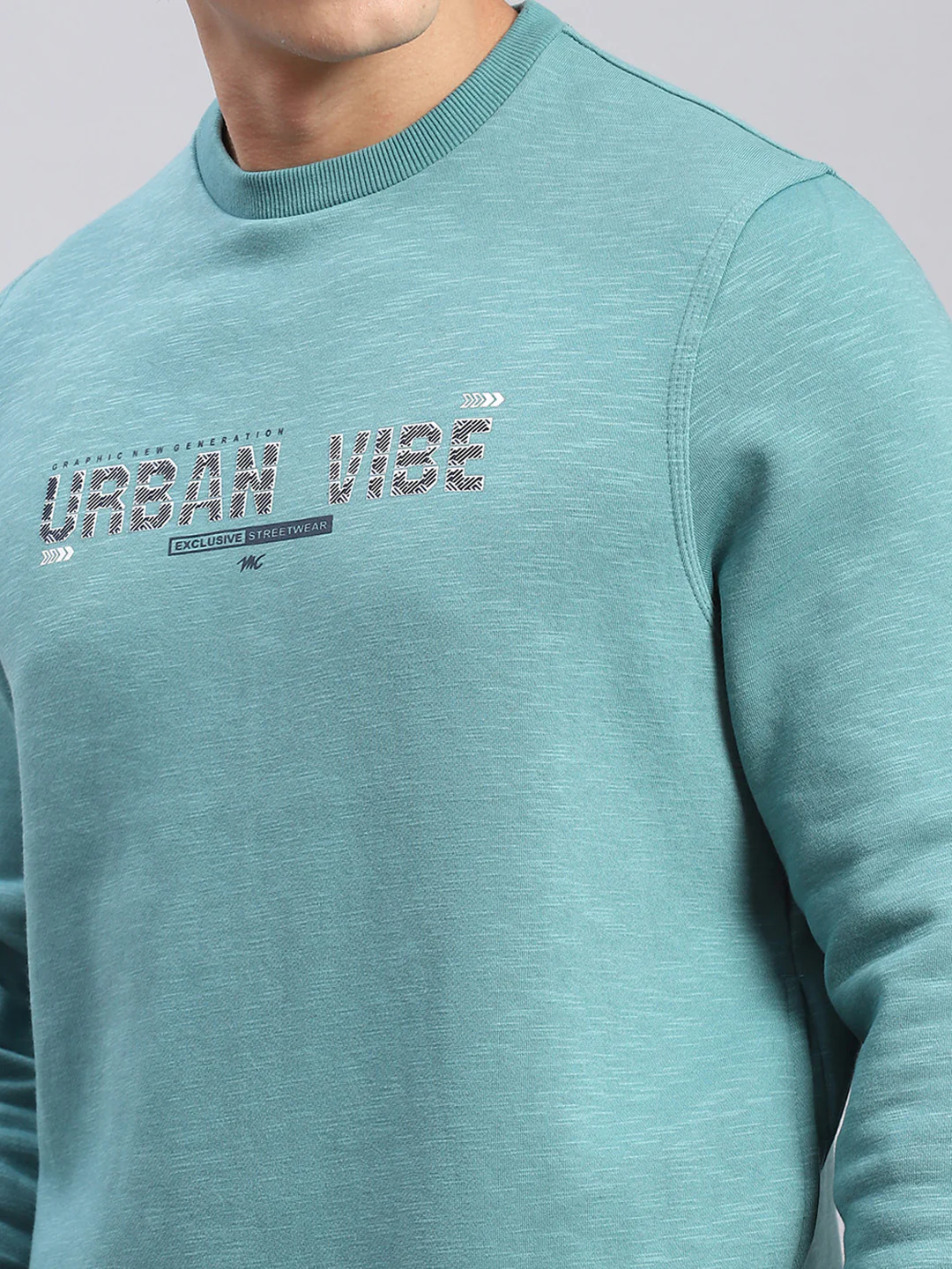 Men Aqua Blue Solid Round Neck Full Sleeve Sweatshirts - Image 6