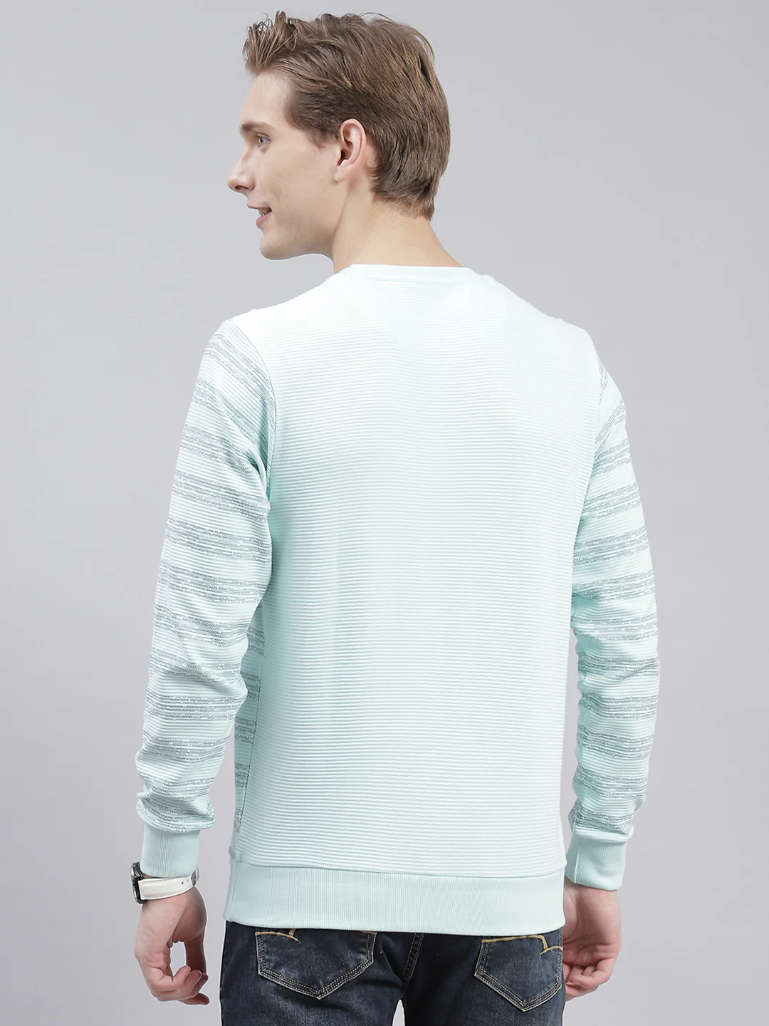 Men Aqua Blue Stripe Round Neck Full Sleeve Sweatshirts - Image 5
