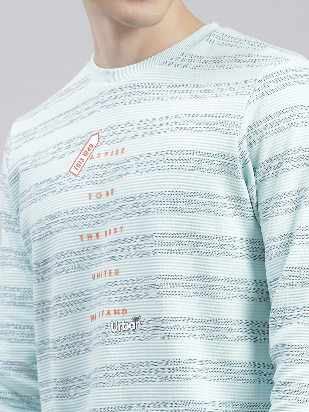 Men Aqua Blue Stripe Round Neck Full Sleeve Sweatshirts - Image 6