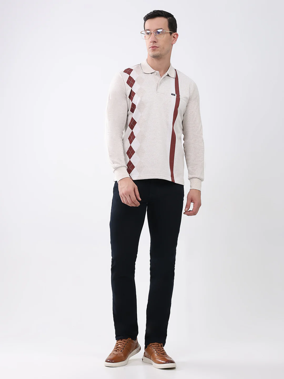 Men Beige Abstract Collar Full Sleeve Winter T-Shirt - Image 2