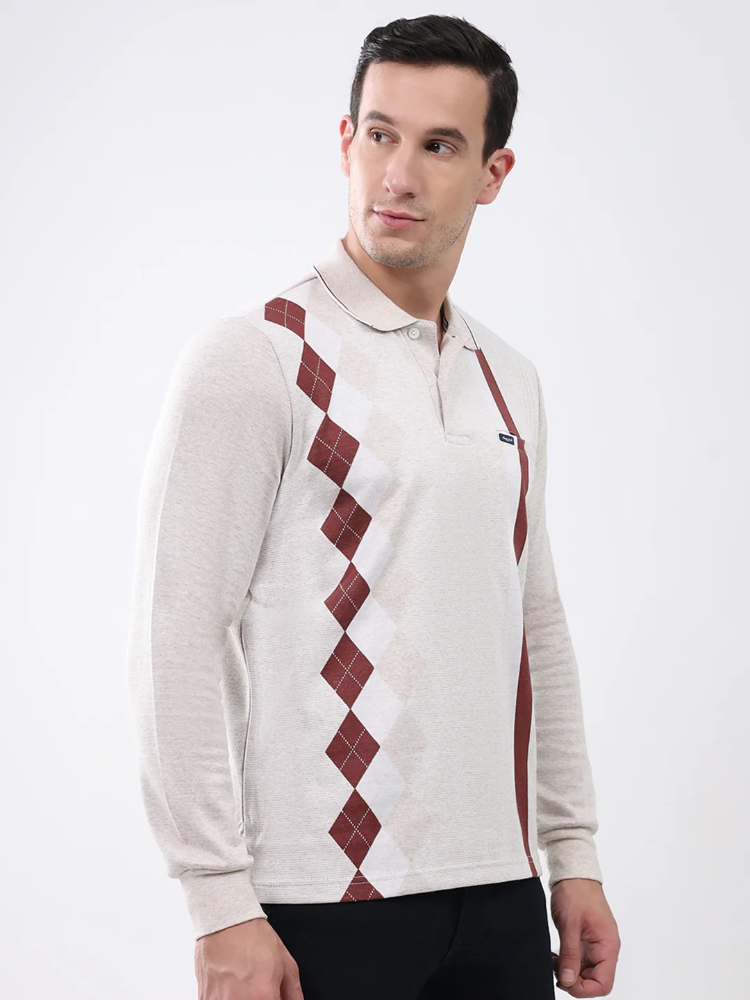 Men Beige Abstract Collar Full Sleeve Winter T-Shirt - Image 4