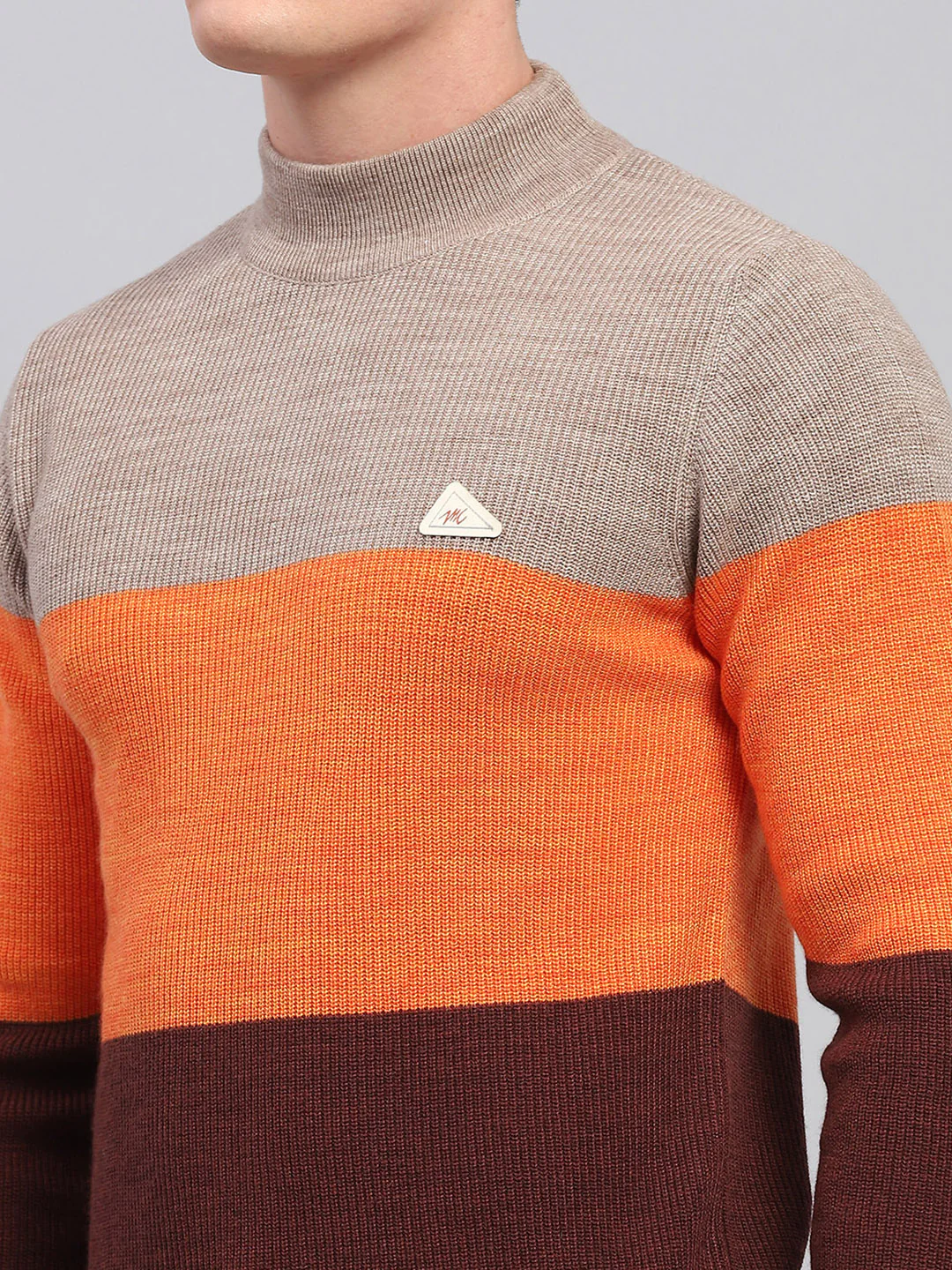 Men Beige & Brown Stripe High Neck Full Sleeve Pullover - Image 6