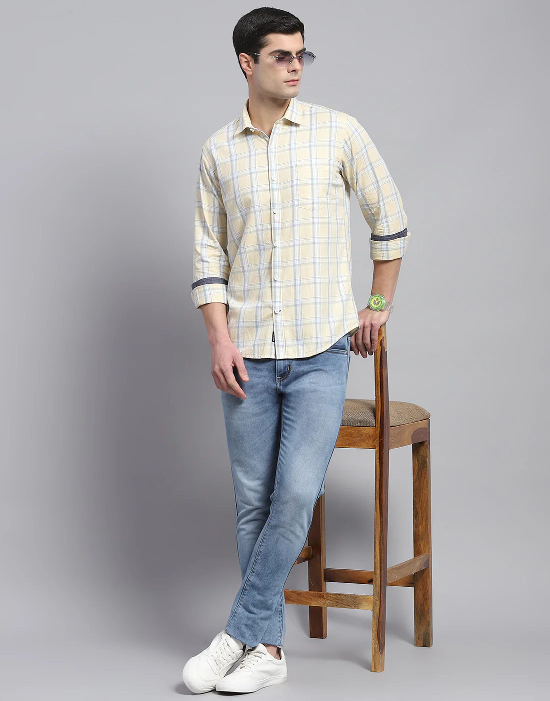 Men Beige Check Collar Full Sleeve Shirt - Image 2