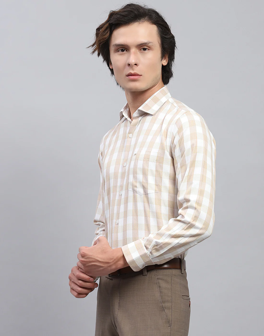 Men Beige Check Collar Full Sleeve Shirt - Image 3