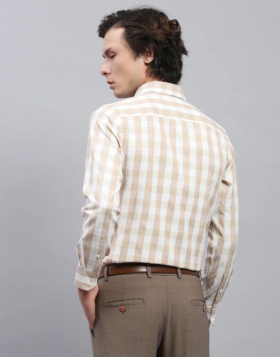 Men Beige Check Collar Full Sleeve Shirt - Image 5