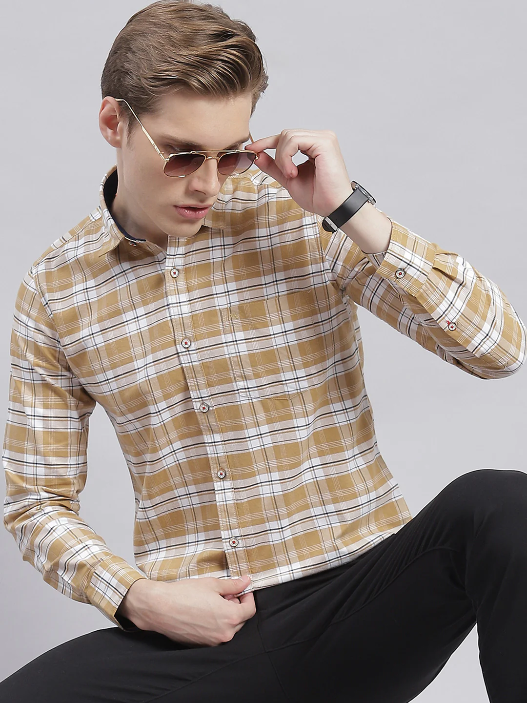 Men Beige Check Collar Full Sleeve Shirts - Image 2