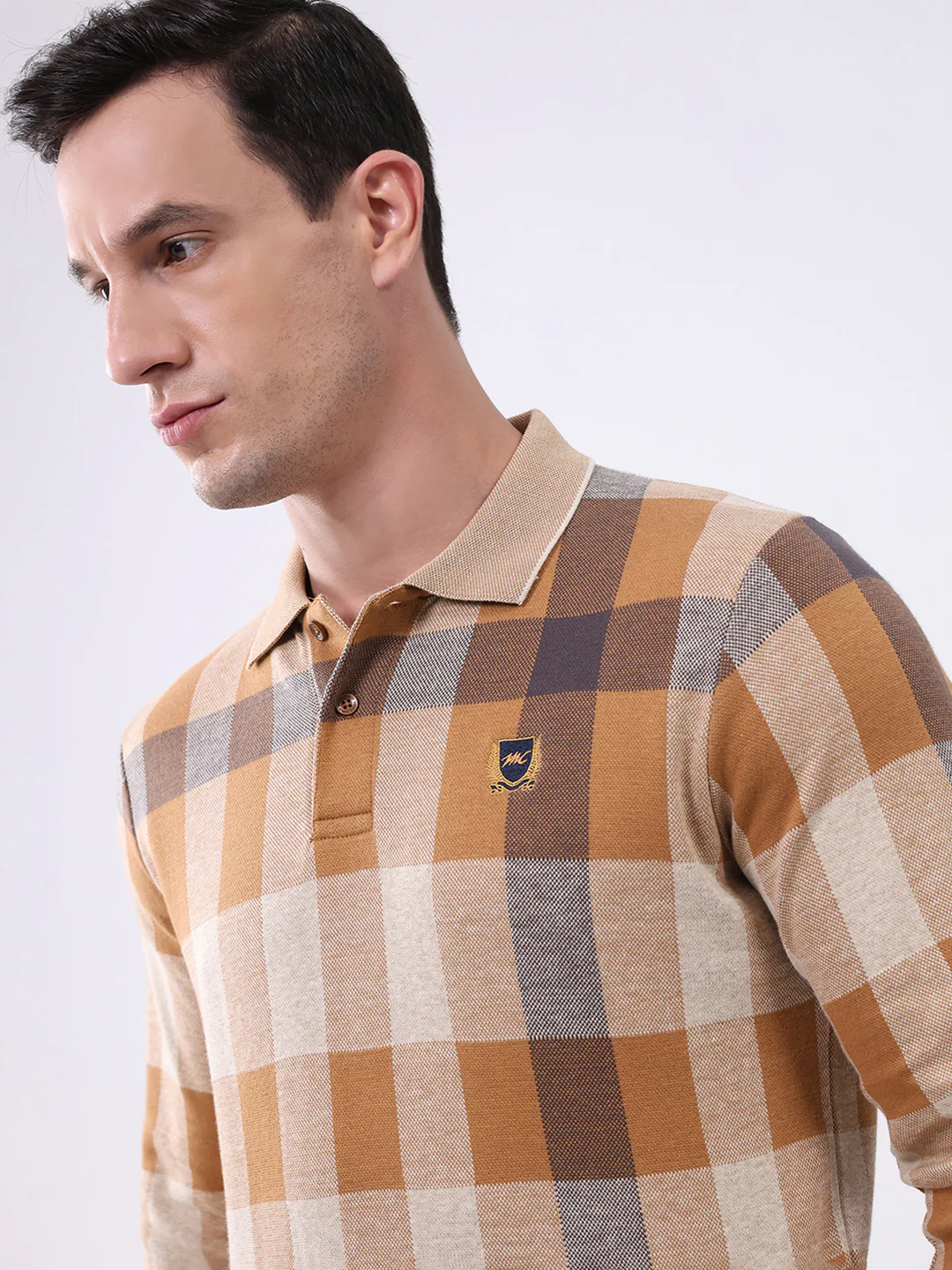 Men Beige Check Collar Full Sleeve Winter T-Shirt - Image 6