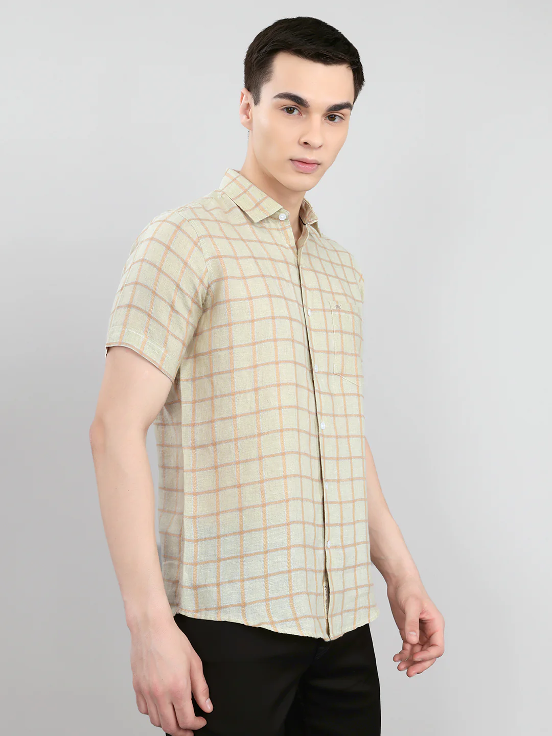 Men Beige Check Collar Half Sleeve Shirt - Image 3