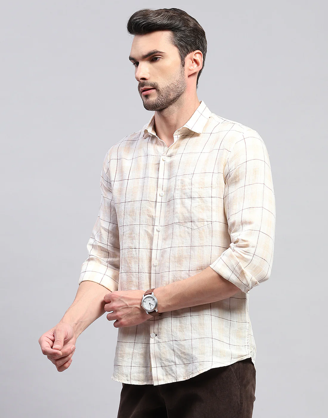 Men Beige Check Collar Neck Full Sleeve Linen Shirt - Image 3