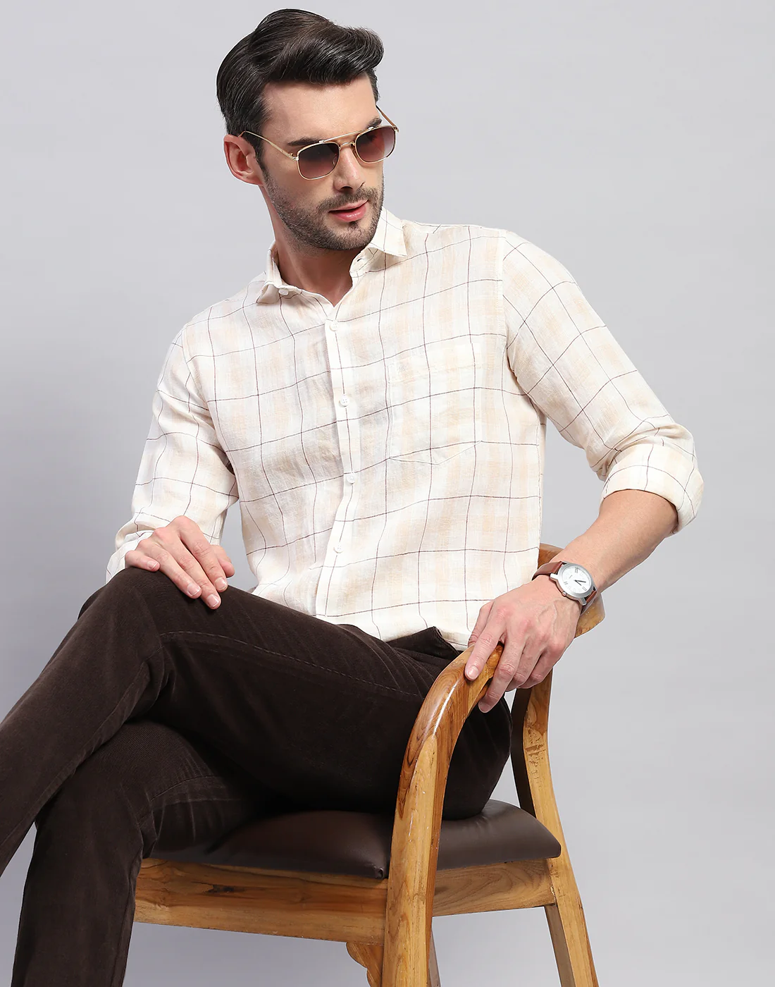 Men Beige Check Collar Neck Full Sleeve Linen Shirt - Image 6