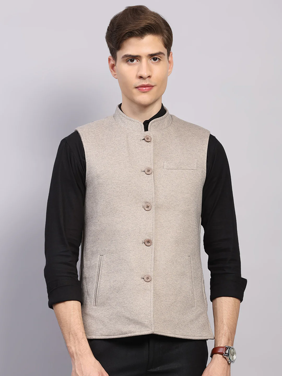Men Beige Check Collar Sleeveless Nehru Jacket - Image 7