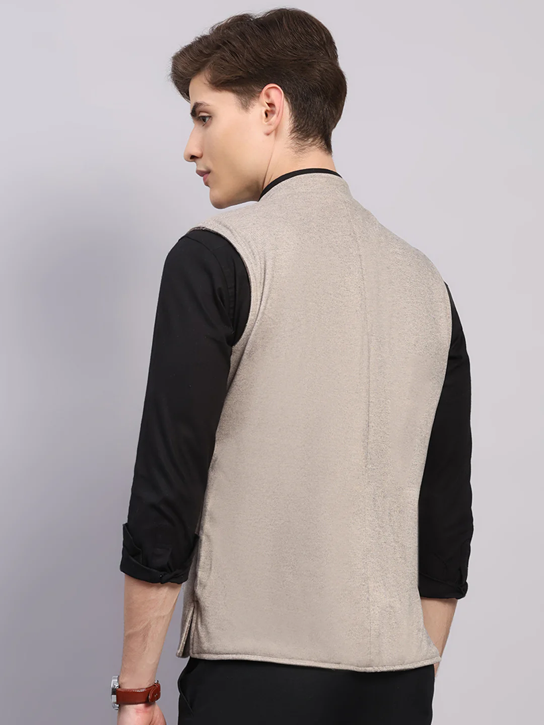 Men Beige Check Collar Sleeveless Nehru Jacket - Image 9