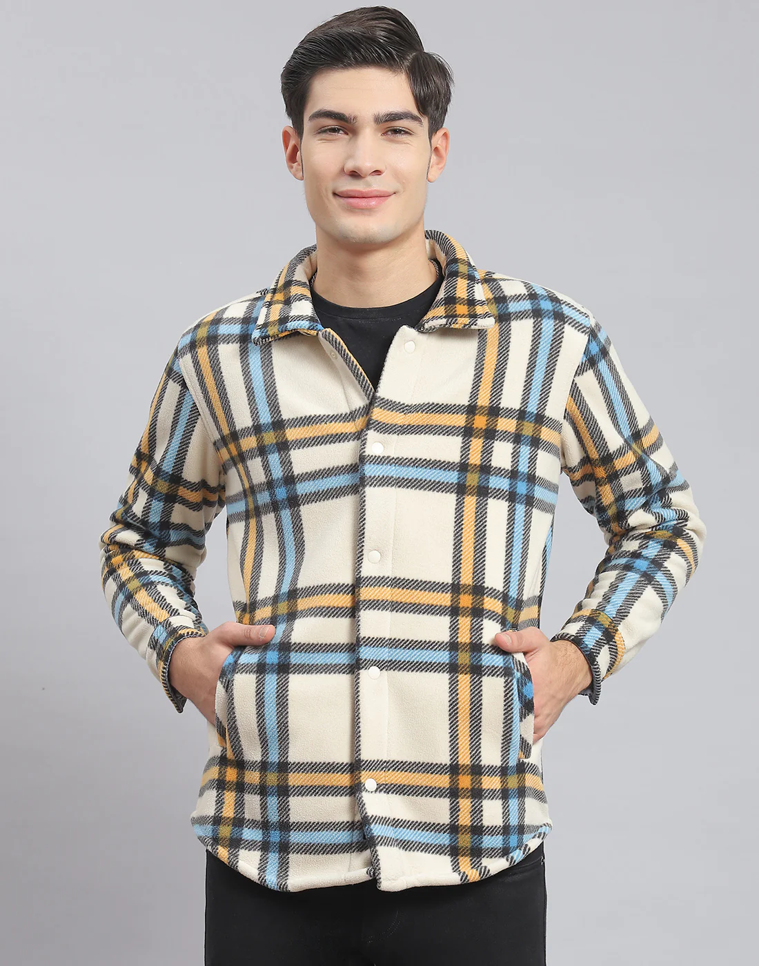 Men Beige Check Stand Collar Full Sleeve Sweatshirt - Image 2