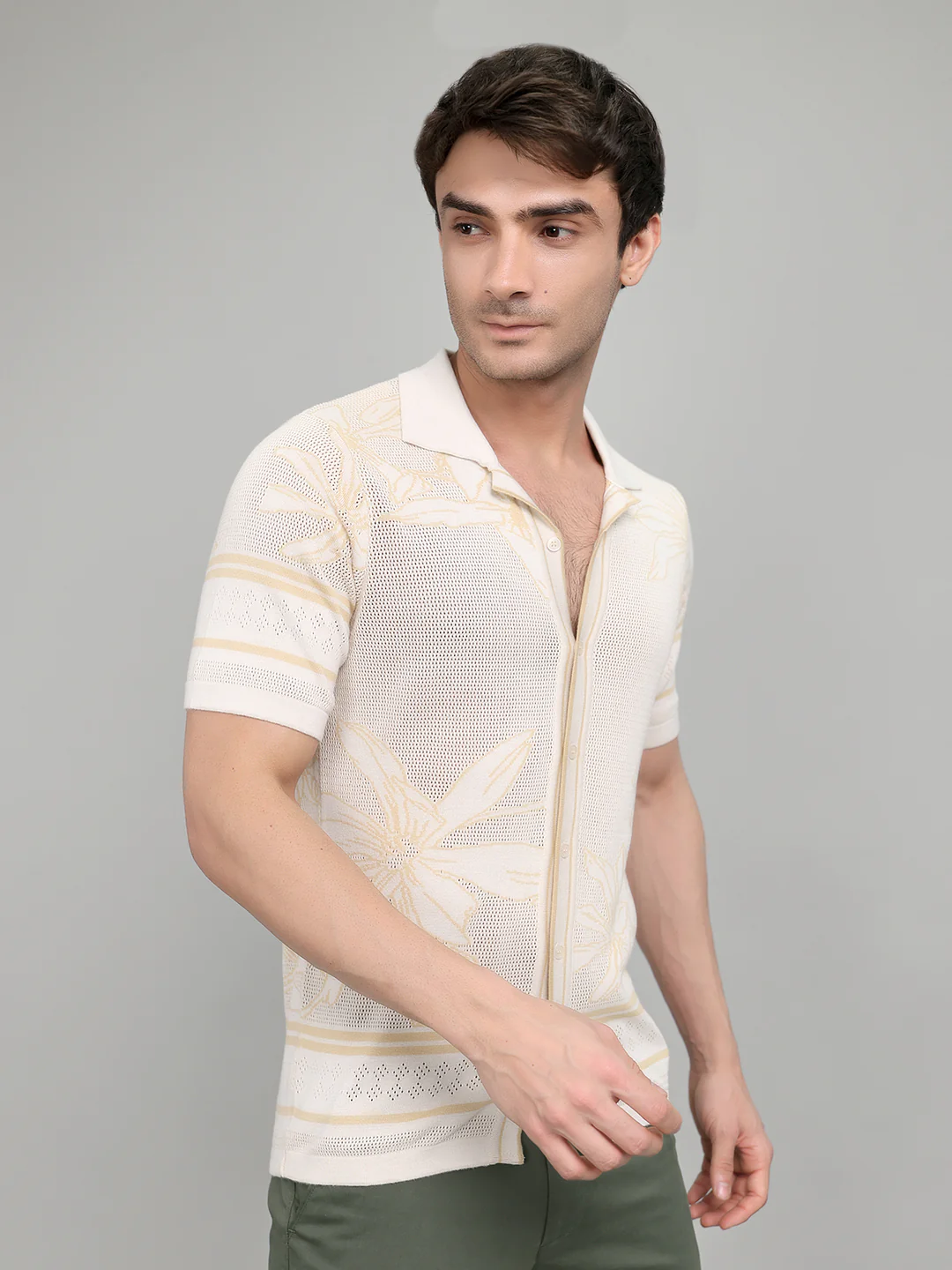 Men Beige Designer Collar Half Sleeve Knitted Shirt - Image 3