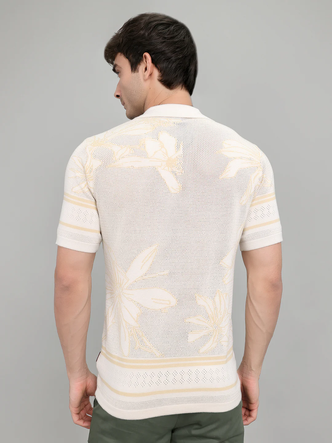 Men Beige Designer Collar Half Sleeve Knitted Shirt - Image 4