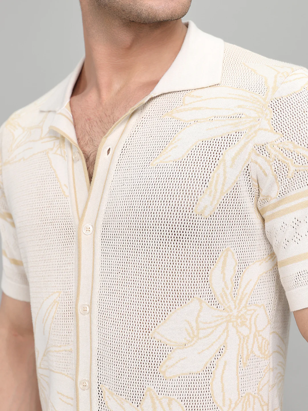Men Beige Designer Collar Half Sleeve Knitted Shirt - Image 5