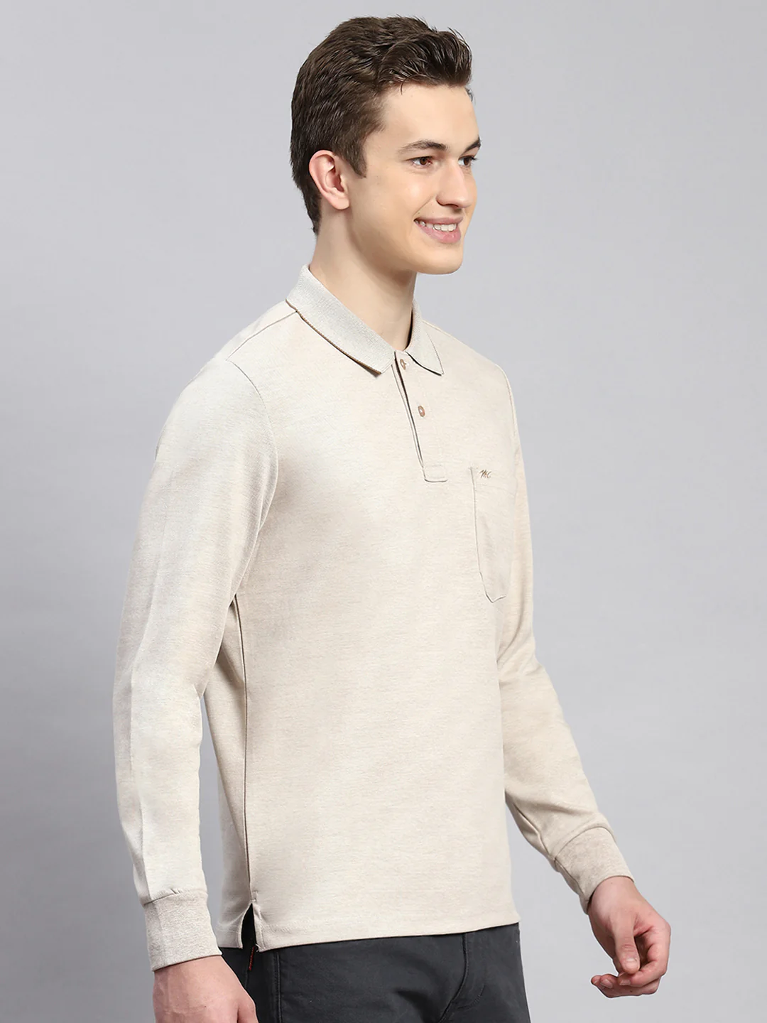 Men Beige Plain Winter T-Shirt - Image 3